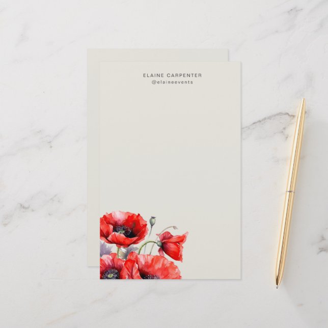 Papper Red Poppy Blommigt Monogram Stationery (Fram/Back In Situ)