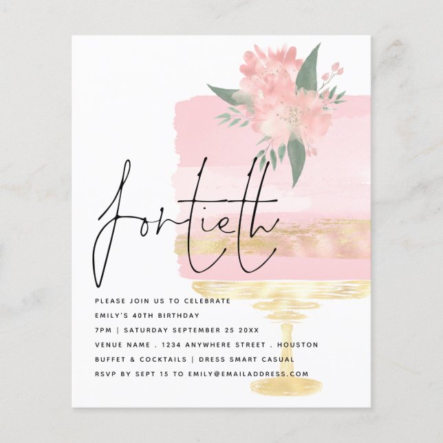 PAPPER | Rosa Guld Birthday Cake 40:e Party Inbjud Flygblad (Framsidan)