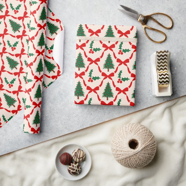 Papper rullning av julgran & Bow Mönster Presentpapper (Hantverk)