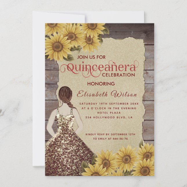papper solrosolja Quinceañera, vintage Inbjudningar (Framsida)