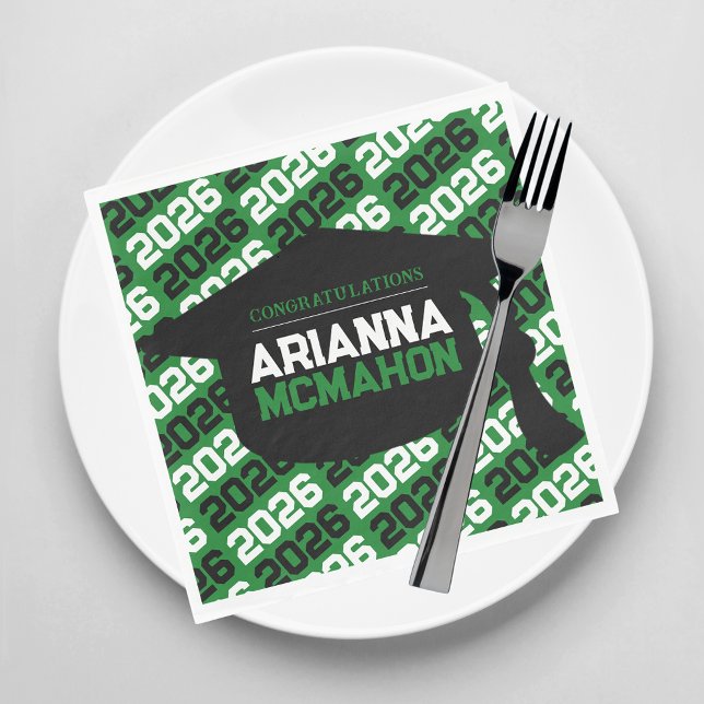 Papper Studentmössa för grönt och svart Personlig Pappersservett (Green, White and Black Class of Any Year Graduation Party Paper Napkins)