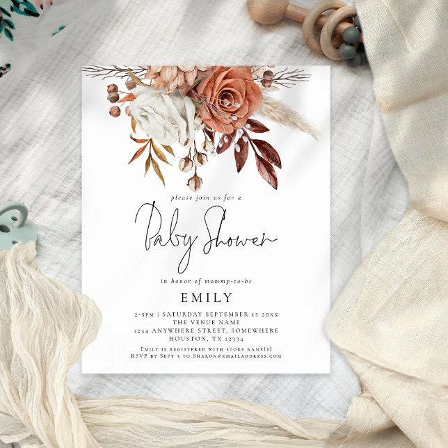 PAPPER Terracotta Blommigts Baby Shower-inbjudan Flygblad (Skapare uppladdad)