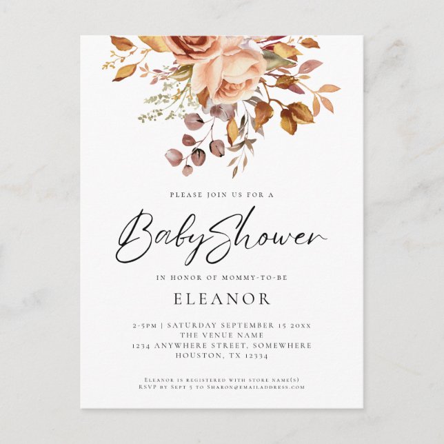 Papper Terracotta Blommigts Baby Shower-inbjudan Inbjudan Vykort (Framsida)