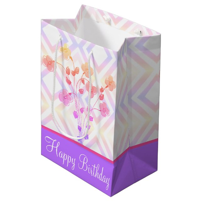 Papper Tote Stil Birthday Bag i Rosa och Lila (Framsidan Vinklad)