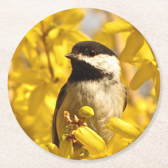 Papper Underlägg av fågel och Gula blommor Rund (Framsidan)