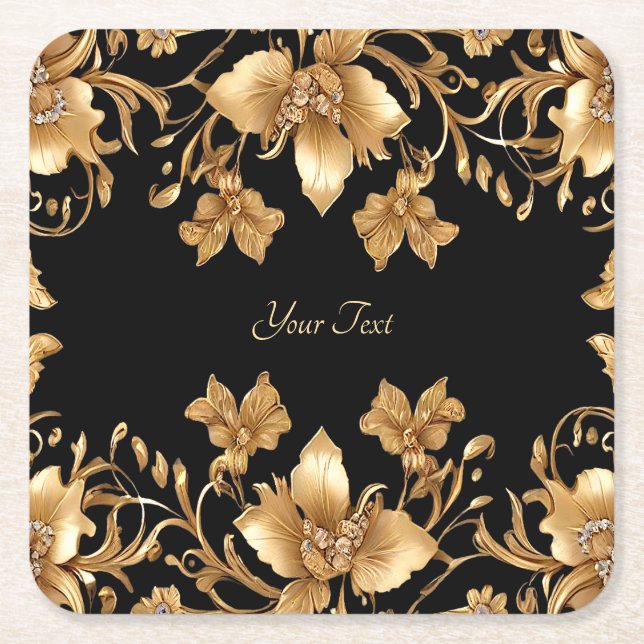 Papper Underlägg av Guld Black Ornate Blommigt Kvadrat (Framsidan)