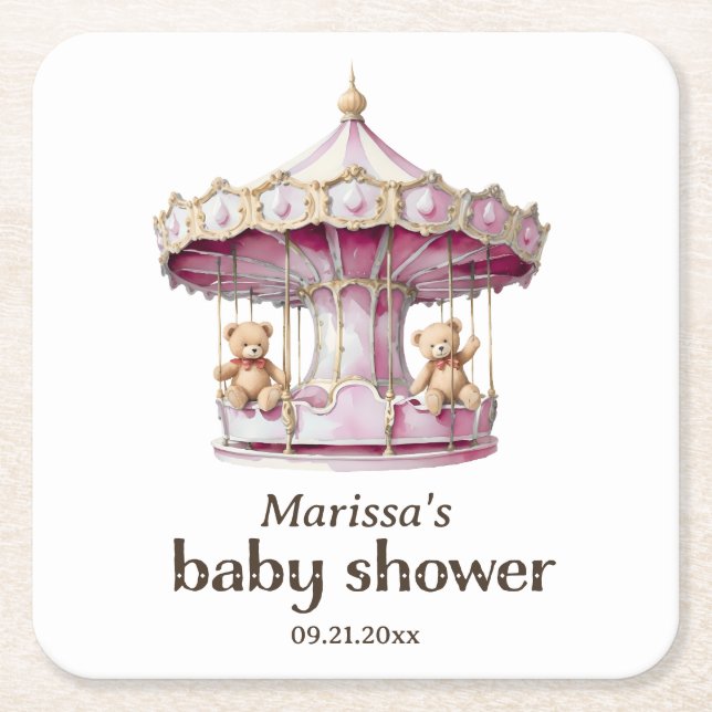 Papper Underlägg av nalle Twin Girl Baby Shower Kvadrat (Framsidan)