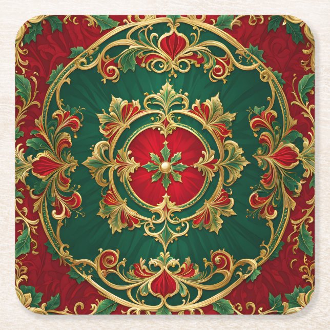 Papper Underlägg av Red Grönt Blommigt Decorative  Kvadrat (Framsidan)