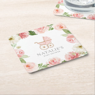 Papper Underlägg av rosa Blommigt Flicka babyskorg Kvadrat