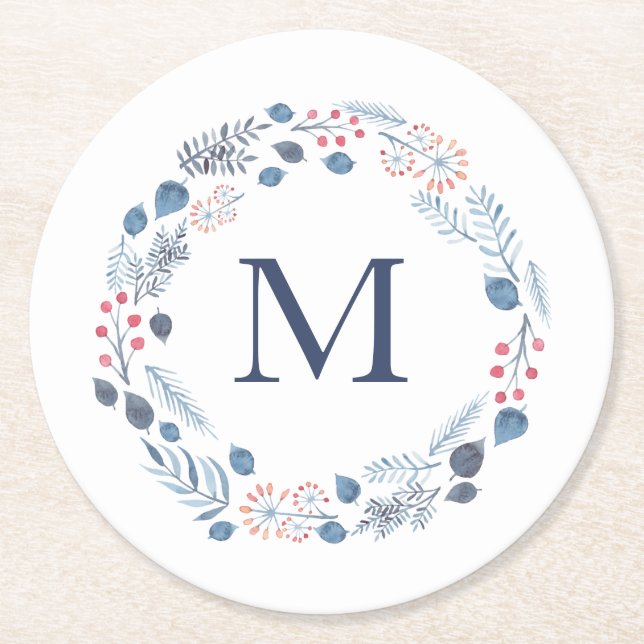 Papper Underlägg av Winter Foliage Monogram Rund (Framsidan)