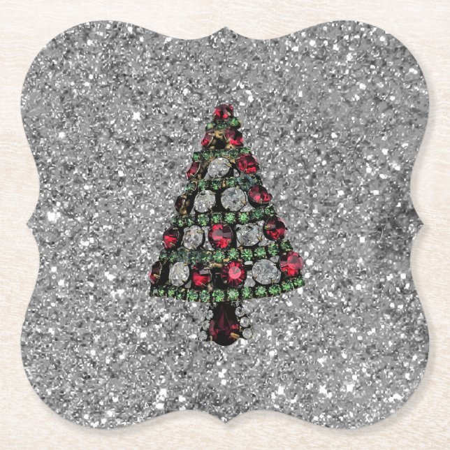 Papper Underlägg i Bling Julgran Silver Glitter (Framsida)