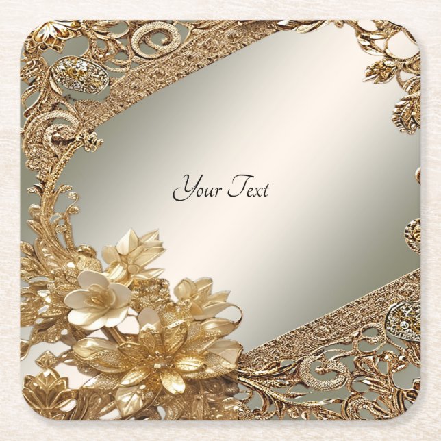 Papper Underlägg i den moderna Guld Ornate-Blommig Kvadrat (Framsidan)
