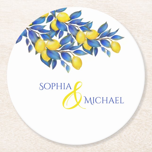 Papper Underlägg i Medelhavet - Lemons-Bröllop Rund (Framsidan)