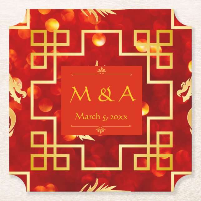 Papper Underlägg i Röda och Guld-draken Bröllop Bi (Framsida)