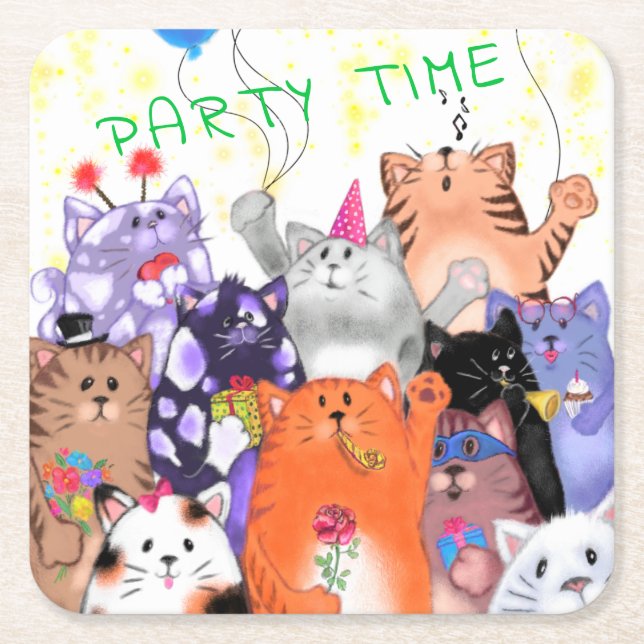 Papper Underlägg Tecknad för Lycklig Cat Party Kvadrat (Framsidan)