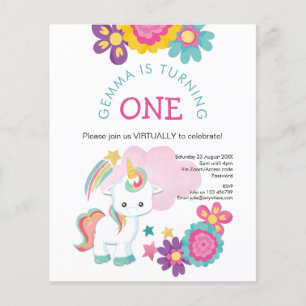 PAPPER Unicorn Virtuell 1:a födelsedagsinbjudan Flygblad
