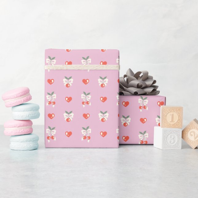Papper utrullning av cute Cherry & Bow Skriv ut Presentpapper (Baby Shower)