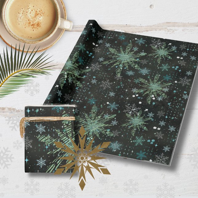 Papper vit blåblå Snöflingor svart omslagning Presentpapper (White Teal Blue Snowflakes Black Wrapping paper )