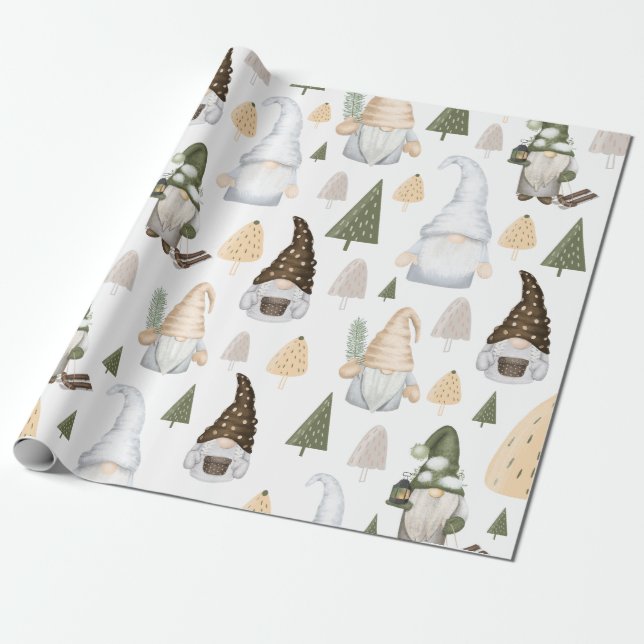 Papper Winter Gnomes Träd White Wrapping  Presentpapper (Utrullad)