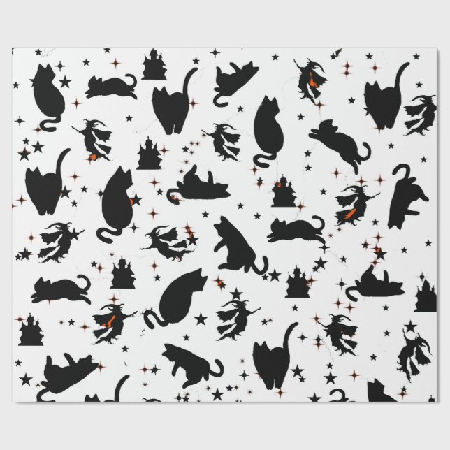 Papper Witch, Cat & Castle Silhouette Wrapping Presentpapper (Platt)
