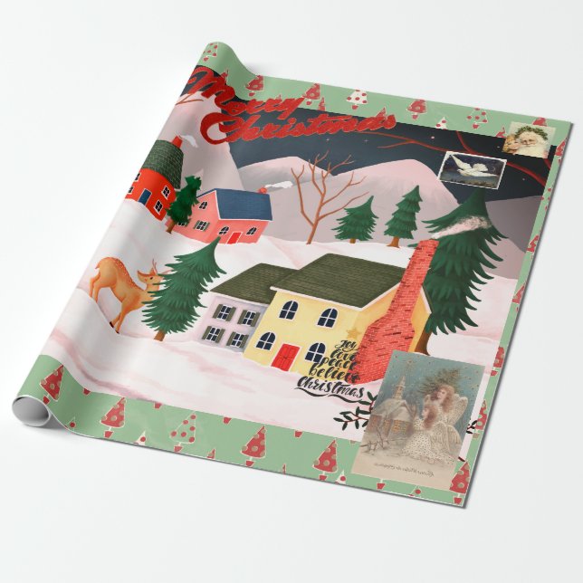 PAPPER Wrapping för CHRISTMAS RETRO WINTER VILLAGE Presentpapper (Utrullad)