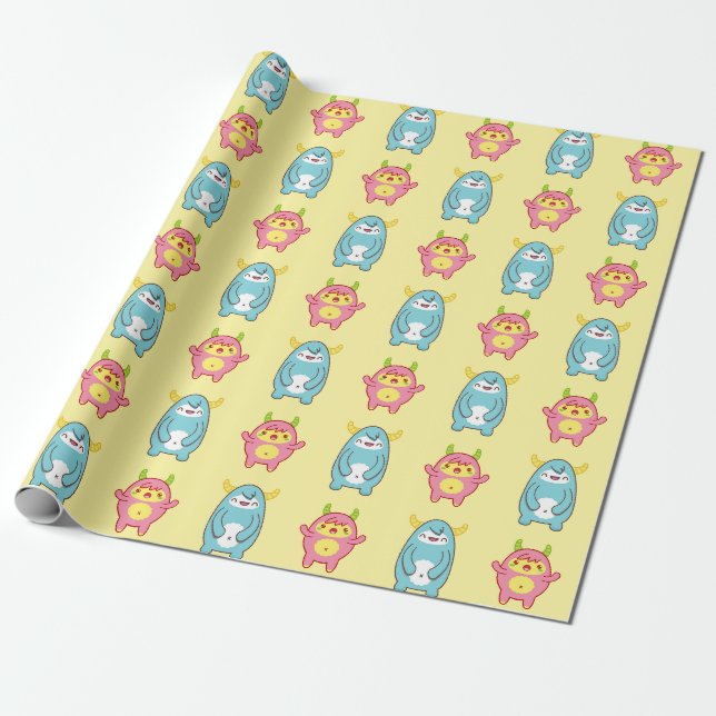 Papper Wrapping för Cute Monster Mönster Presentpapper (Utrullad)