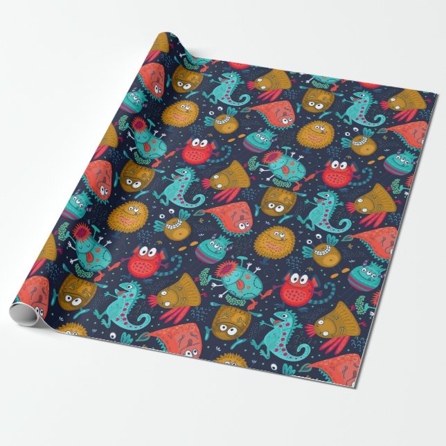 Papper Wrapping för Cute Monster Mönster Presentpapper (Utrullad)
