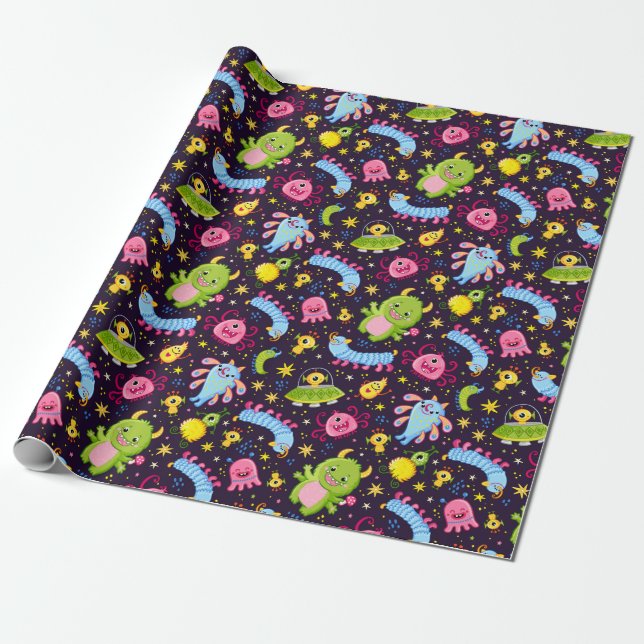Papper Wrapping för Cute Monster Mönster Presentpapper (Utrullad)