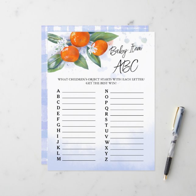 Pappersark spel "Baby Item ABC" för baby shower.  (Fram/Back In Situ)