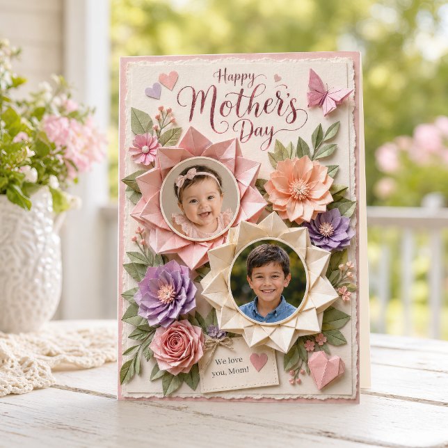 Pappersblomma Två Foto Morsdag Minnesskort Kort (Skapare uppladdad)