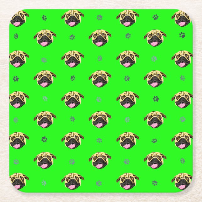 Pappersbricka Pug-tema Grön Underlägg Papper Kvadrat (Framsidan)