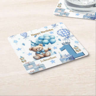 Papperscoaters Teddybjörn blå 1-års födelsedag Underlägg Papper Kvadrat