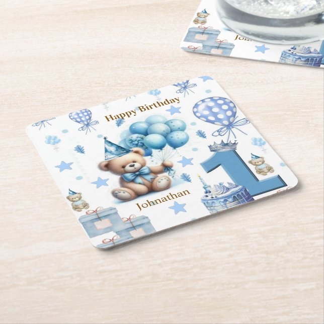 Papperscoaters Teddybjörn blå 1-års födelsedag Underlägg Papper Kvadrat (Vinklad)