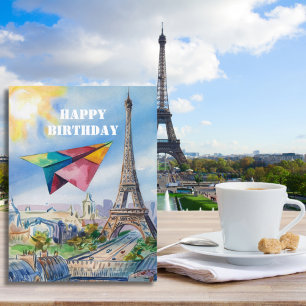 Pappersflygplan flygande i Paris, Färgglad, Akvare Vykort