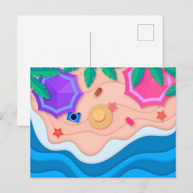 Pappershantverk sommar vid stranden  vykort (Fram/baksida)