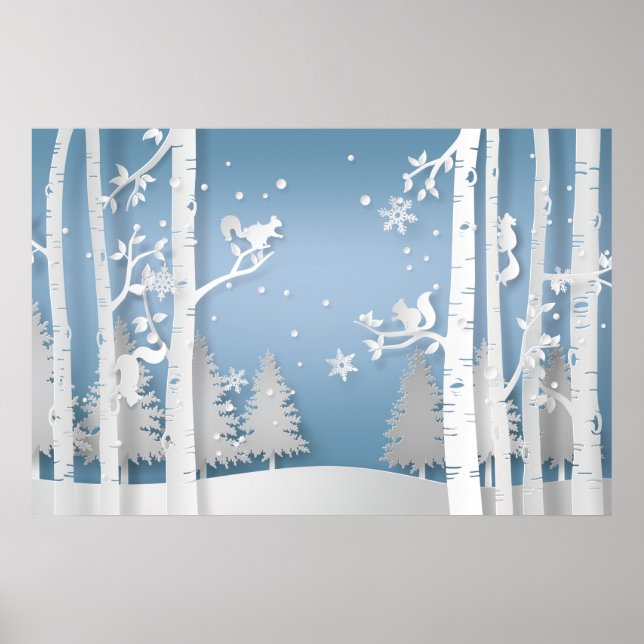 Pappersklipp Skogslandskap med vinter och ekorrar Poster (Framsidan)