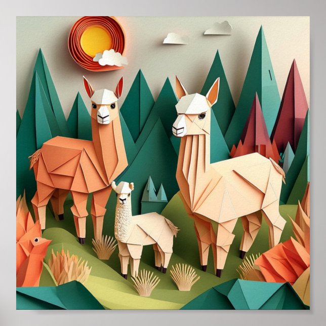 Papperskonst Origami-Alpakor Scen 3D Poster (Framsidan)