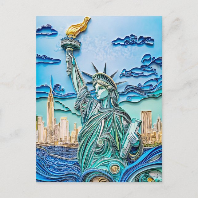 Papperskonst Statue of Liberty vid solnedgång Vykort (Framsida)