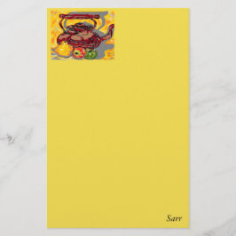 Papperskorgen/teaketteln med frukt brevpapper