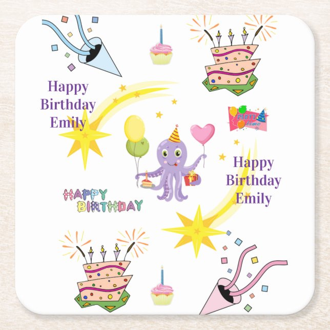 Pappersmuggar Happy Birthday Octopus Cupcake  Underlägg Papper Kvadrat (Framsidan)