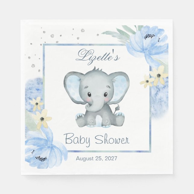 Pappersservett blommigt Blue ElephantBaby Shower (Framsidan)