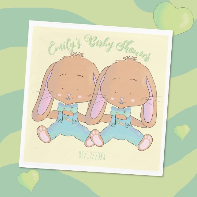 Pappersservett för Gult av babyskor i dubbla Bunni (Cute twin bunnies spring baby shower paper napkins .)