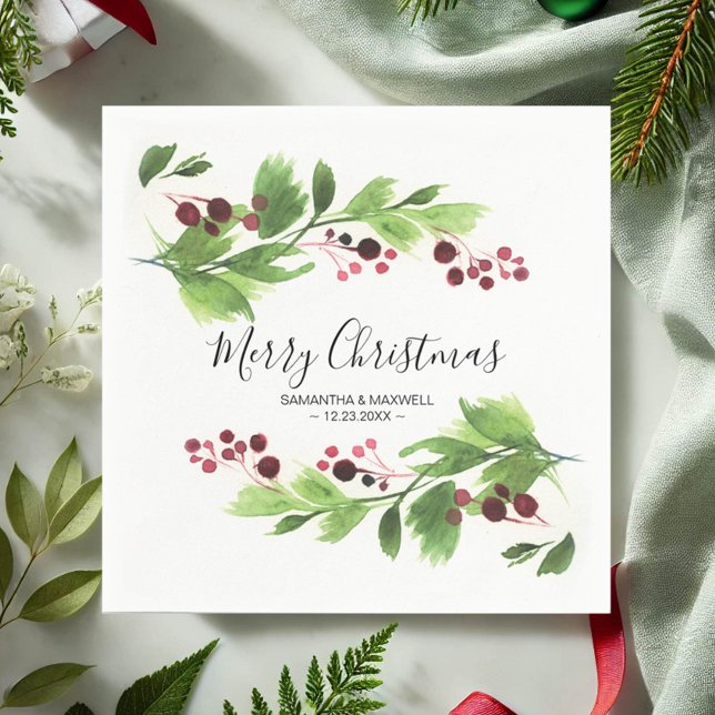 Pappersservett för julgranen Greenery Red Berries (Christmas napkins watercolor botanicals and red berries art by Victoria Grigaliunas VG Invites)