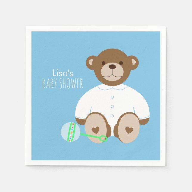 Pappersservett nalle Baby Shower - i blått (Framsidan)