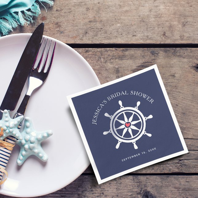Pappersservetter med marin hjuldesign i marinblå (Nautical Wheel Navy Blue Bridal Shower Paper Napkins)