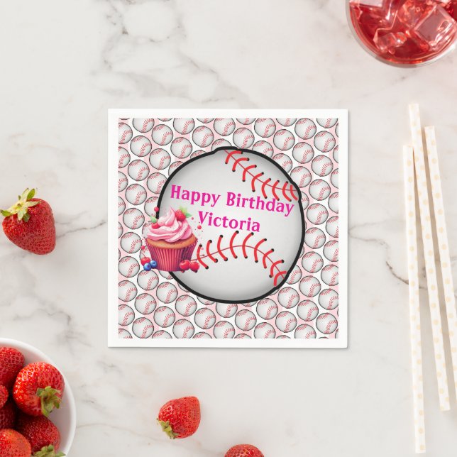 Pappersservetter Rosa Vit Rand Födelsedag Baseboll (Insitu)