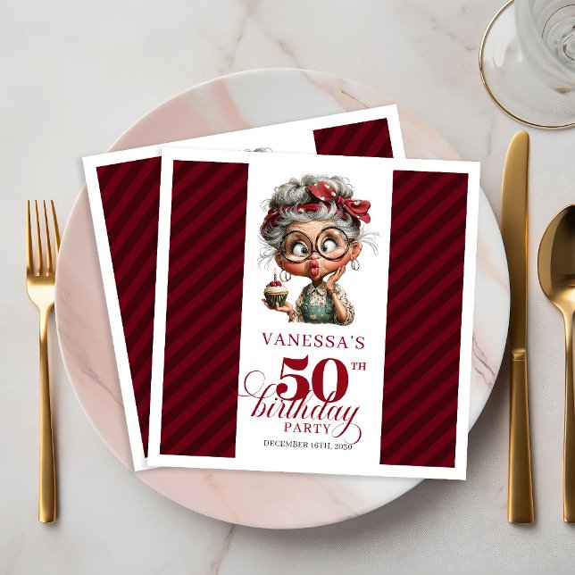 Pappersservetter till födelsedagsfest - 50-årsfira (50th Birthday Quirky Old Lady Paper Party Napkins)