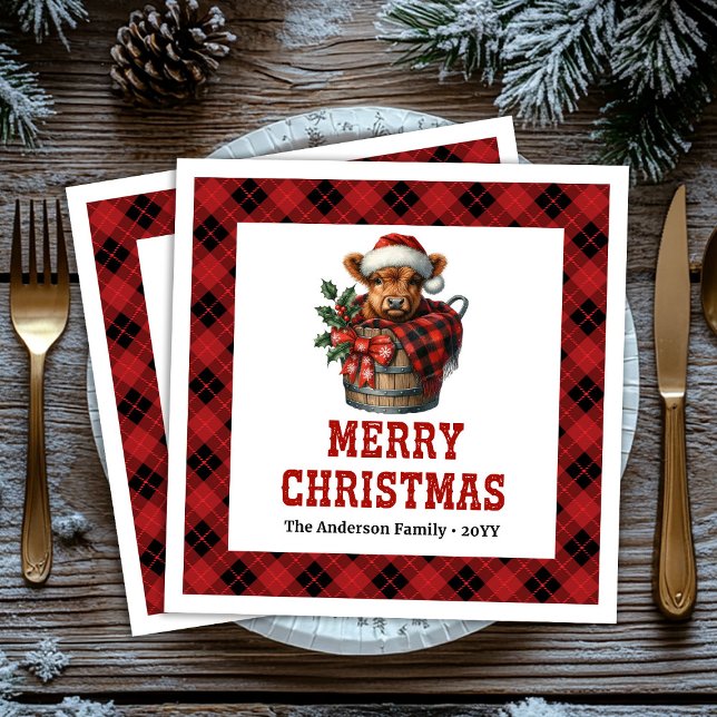 Papperstallar med Highlandko för högtider med fant Pappersservett (Whimsical highland cow buffalo holiday napkin)