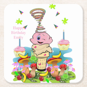Pappersunderlägg Happy Birthday Pink Cupcake Underlägg Papper Kvadrat