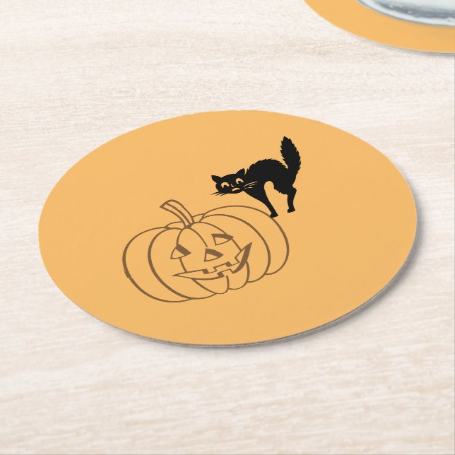 Pappersunderlägg - Pumpa och svart katt Underlägg Papper Rund (Vinklad)